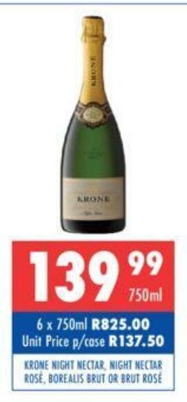 Krone Night Nectar, Night Nectar Rose, Borealis Brut or Brut Rose 750ml