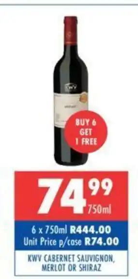 Ultra Liquors KWV Cabernet Sauvignon, Merlot or Shiraz 750ml offer