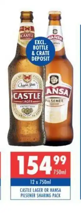 Castle Lager or Hansa Pilsener Sharing Pack 12 x 750ml