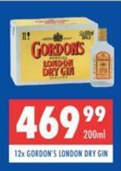 Ultra Liquors 12x Gordon's London Dry Gin 200ml offer