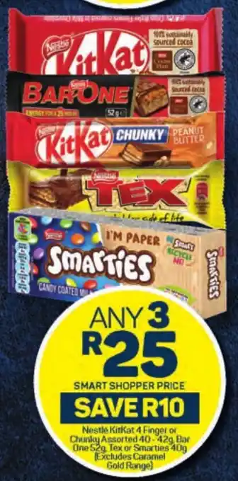 Pick n Pay Nestle KitKat 4 Finger of Chunky Assorted 40-42g Bar One 52g, Tex or Smarties 40g Excludes Caramel Gold Range) offer