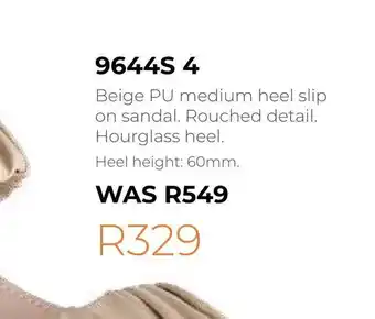 Beige pu medium heel slip on sandal. rouched  detail