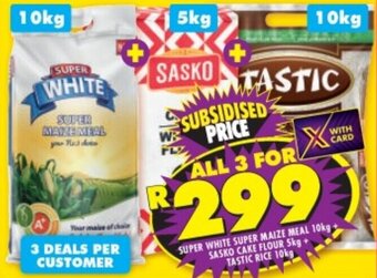 Shoprite SUPER WHITE SUPER MAIZE MEAL 10kg+ SASKO CAKE FLOUR 5kg + TASTIC RICE 10kg offer