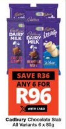 Checkers Cadbury Chocolate Slab All Variants 6 x 80g offer