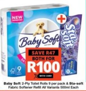 Checkers Baby Soft 2-Ply Toilet Rolls 9 per pack & Sta-soft Fabric Softener Refill All Variants 500ml Each offer