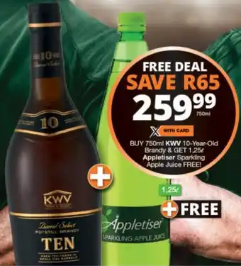 KWV 10-year-old Brandy 750ml+ Appletiser Sparkling Apple Juice