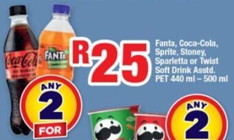 OK Foods Fanta, Coca-Cola, Sprite, Stoney, Sparletta or Twist Soft Drink Asstd. PET 440 ml - 500 ml offer