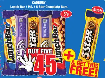 Boxer Superstores Cadbury Lunch Bar / P.S. / 5 Star Chocolate Bars 5's offer