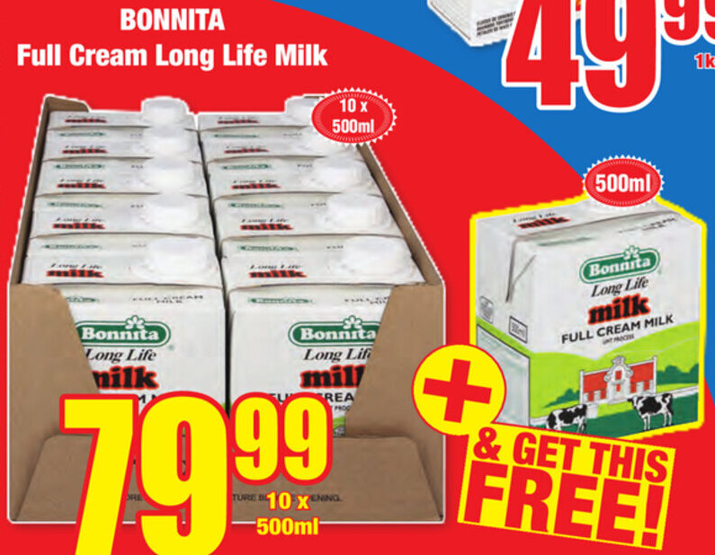 Bonnita Full Cream Long Life Milk 10x500ml offer at Boxer Superstores