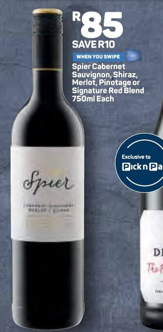 Pick n Pay Spier Cabernet Sauvignon, Shiraz, Merlot, Pinotage or Signature Red Blend 750ml Each offer