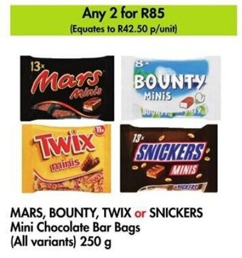 MARS, BOUNTY, TWIX or SNICKERS Mini Chocolate Bar Bags (All variants) 250 g