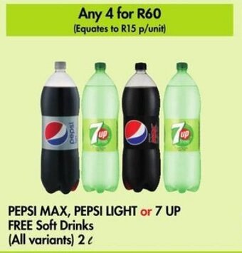 Makro PEPSI MAX, PEPSI LIGHT or 7 UP FREE Soft Drinks (All variants) 2L offer