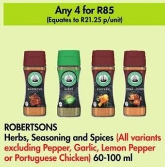 Makro ROBERTSONS Herbs, Seasoning and Spices (All variants excluding Pepper, Garlic, Lemon Pepper or Portuguese Chicken) 60-100 ml offer