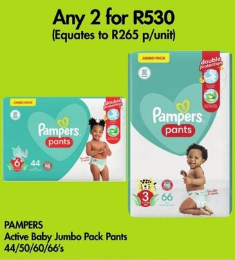 Makro PAMPERS Active Baby Jumbo Pack Pants 44/50/60/66's offer