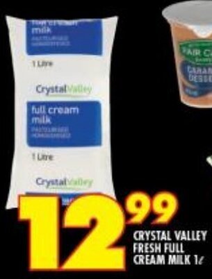 Shoprite CRYSTAL VALLEY FRESH FULL CREAM MILK 1L offer