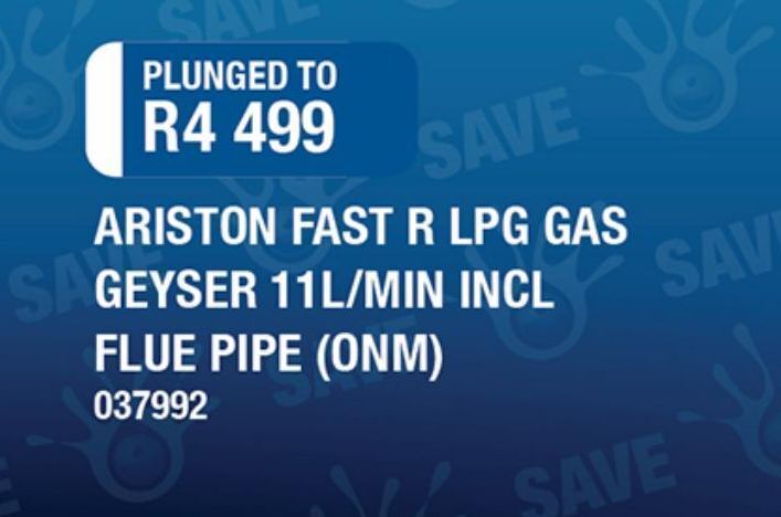 Ariston fast r lpg gas geyser 11l/min incl flue pipe offer at Plumblink