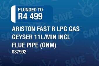 Plumblink Ariston fast r lpg gas geyser 11l/min incl flue pipe offer