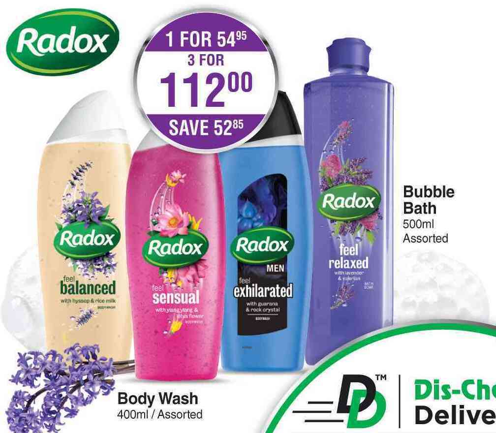 Radox bubble bath 500ml or body wash 400mlfor 1 offer at DisChem