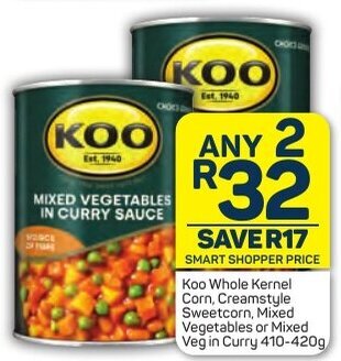 Pick n Pay Koo Whole Kernel Corn, Creamstyle Sweetcorn, Mixed Vegetables or Mixed Veg in Curry 410-420g offer