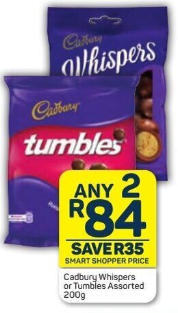 Pick n Pay Cadbury Whispers or Tumbles Assorted 200g offer