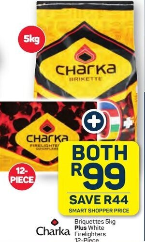 Pick n Pay Charka Briquettes 3 kg Plus White Firelighters 12-Piece offer