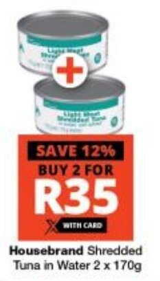 Checkers Housebrand Shredded Tuna in Water 2 x 170g offer