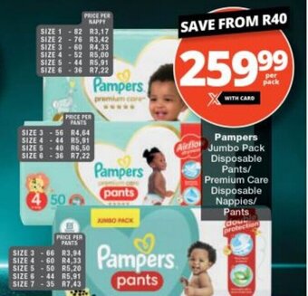Checkers Pampers Jumbo Pack Disposable Pants/ Premium Care Disposable Nappies/ Pants offer
