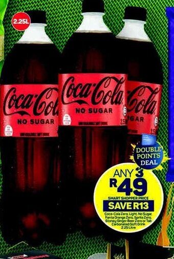 Pick n Pay Coca-Cola Zero Light No Sugar Fanta Orange Zero, Sprite Zero Stoney Ginger Beer Zero or Tab Carbonated Soft Drink 2.25 Litre offer