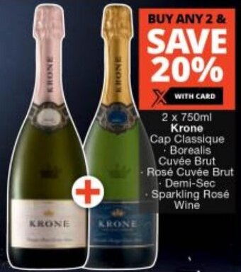 Checkers 2 x 750ml Krone Cap Classique Borealis Cuvée Brut Rosé Cuvée Brut Demi-Sec Sparkling Rosé Wine offer