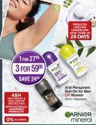 Dis-Chem Garnier anti-perspirant roll-on for men or women assorted-for 1 x 50ml offer