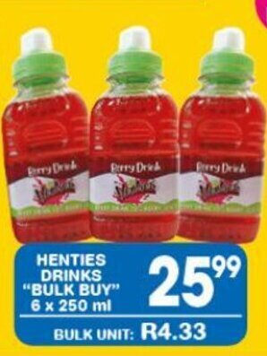 Giant Hyper HENTIES DRINKS "BULK BUY" 6 x 250 ml offer