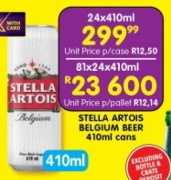 Shoprite STELLA ARTOIS BELGIUM BEER 410ml cans offer