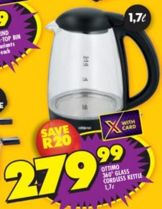 OTTIMO 360° GLASS CORDLESS KETTLE 1,7L offer at Shoprite