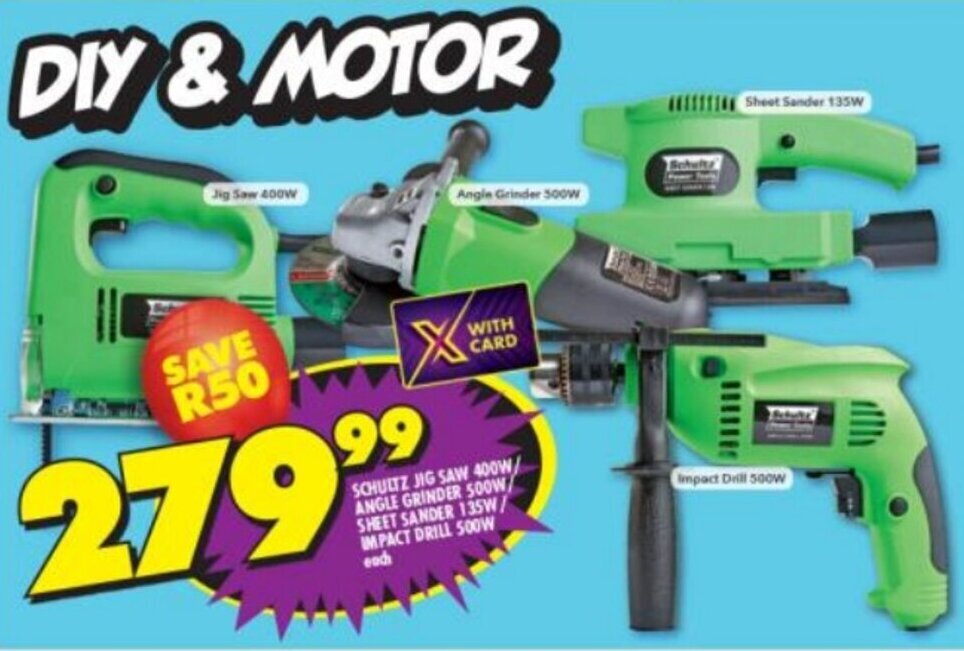 SCHULTZ JIG SAW 400W ANGLE GRINDER 500W/ SHEET SANDER 135W/ IMPACT