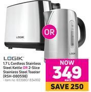 Game Logik 1.7l cordless stainless steel kettle or 2 slice stainless steel toaster rsh-080598-each offer