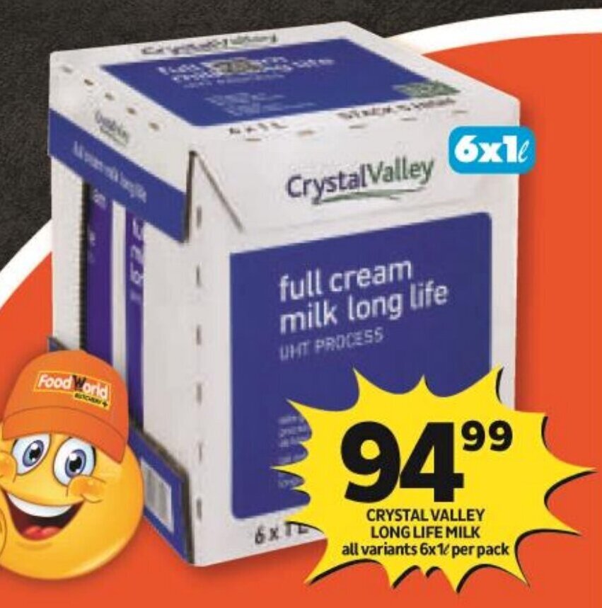 CRYSTAL VALLEY LONG LIFE MILK all variants 6x1L per pack offer at Shoprite