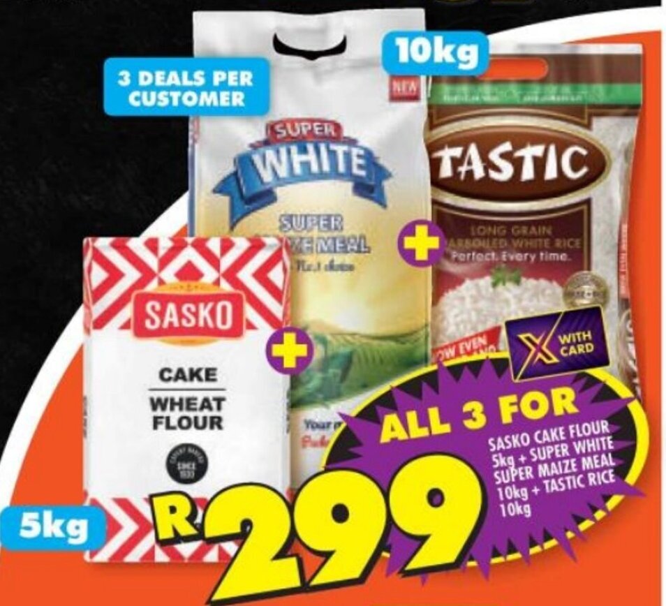 SASKO CAKE FLOUR 5kg+SUPER WHITE SUPER MAIZE MEAL 10kg + TASTIC RICE