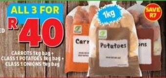 Usave CARROTS 1kg bag + CLASS 1 POTATOES 1kg bag CLASS 1 ONIONS 1kg bag offer