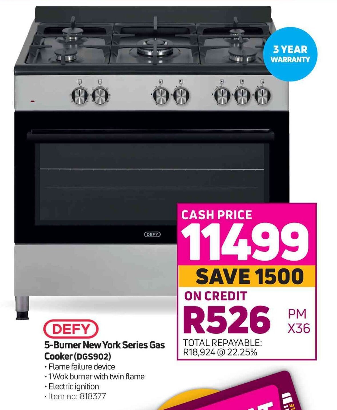 DEFY 5Burner New York Series Gas Cooker (DGS902) offer at Game