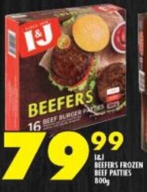 Shoprite I&J BEEFERS FROZEN BEEF PATTIES 800g offer