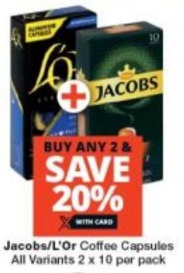 Checkers Jacobs/L'Or Coffee Capsules All Variants 2 x 10 per pack offer