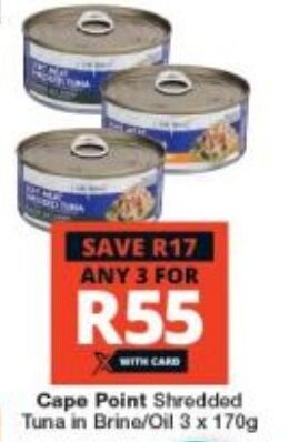 Checkers Cape Point Shredded Tuna in Brine/Oil 3 x 170g offer