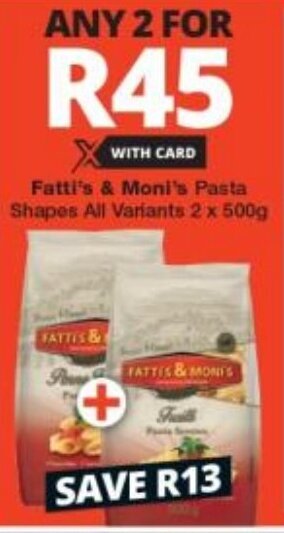 Checkers Fatti's & Moni's Pasta Shapes All Variants 2 x 500g offer