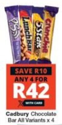 Checkers Cadbury Chocolate Bar All Variants x 4 offer