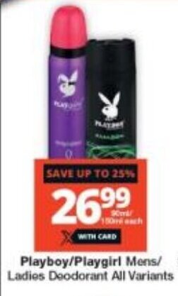 Checkers Playboy/Playgirl Mens/ Ladies Deodorant All Variants offer