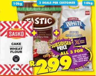Shoprite SASKO CAKE FLOUR 5kg+TASTIC RICE 10kg+ SUPER WHITE SUPER MAIZE MEAL 10kg offer