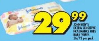 Shoprite JOHNSON'S EXTRA SENSITIVE FRAGRANCE FREE BABY WIPES 56/72 per pack offer
