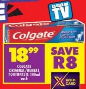 Shoprite COLGATE ORIGINAL/HERBAL TOOTHPASTE 100ml each offer