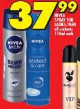 Shoprite NIVEA SPRAY FOR LADIES/MEN all variants 150ml each offer