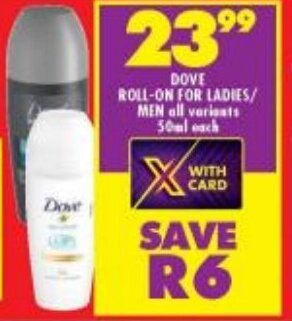 Shoprite DOVE ROLL-ON FOR LADIES/ MEN all variants 50ml each offer